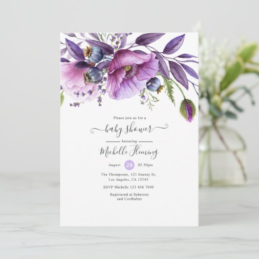 Pastel Violet Poppy Floral Baby shower Kaart (Staand voorkant)
