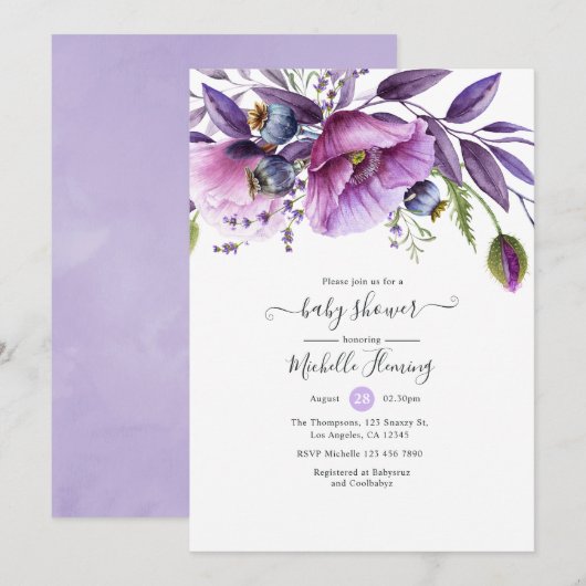 Pastel Violet Poppy Floral Baby shower Kaart (Voorkant / Achterkant)