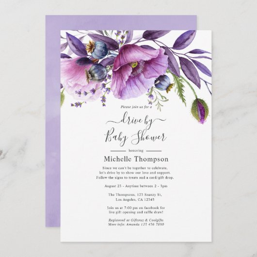 Pastel Violet Poppy Floral Drive by Shower Kaart (Voorkant / Achterkant)