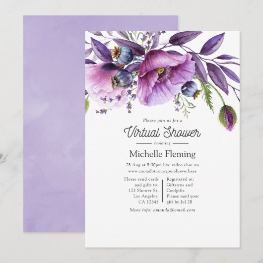 Pastel Violet Poppy Floral Virtual Baby shower Kaart (Voorkant / Achterkant)