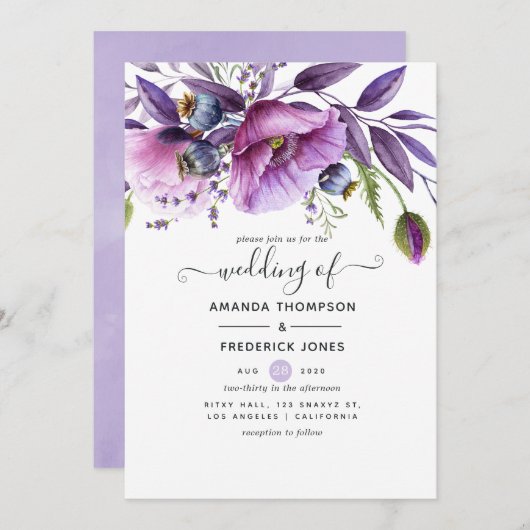 Pastel Violet Poppy Floral Wedding Kaart (Voorkant / Achterkant)