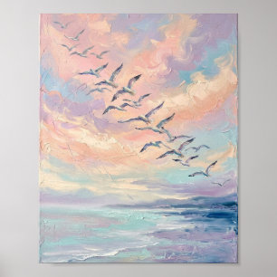 Pastel Vliegende Vogels I Vintage Schilderij Poster