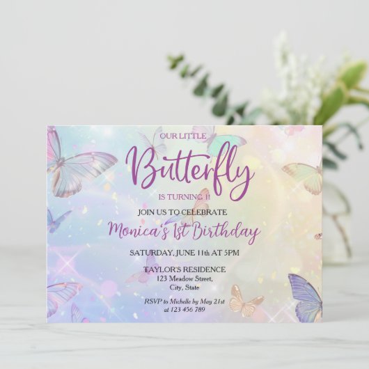 Pastel Vlinder Baby Meisje's 1e Verjaardag Kaart (Staand voorkant)