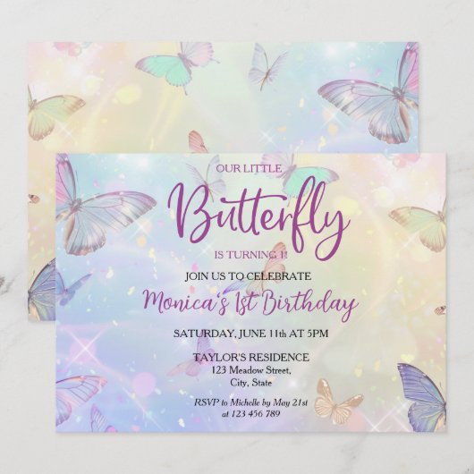 Pastel Vlinder Baby Meisje's 1e Verjaardag Kaart (Voorkant / Achterkant)