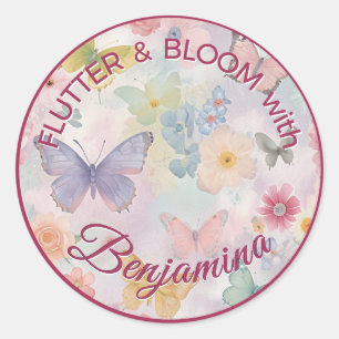 Pastel Vlinder Bloem Roze Paars Feest Meisje Ronde Sticker
