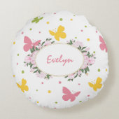 Pastel vlinderpatroon met bloemen en naam rond kussen (Achterkant)