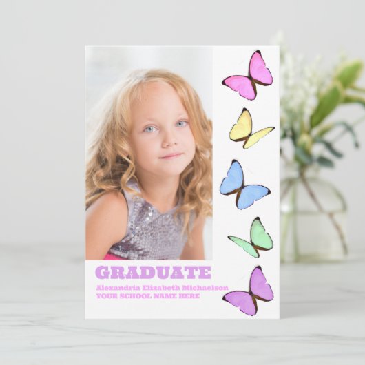 Pastel vlinders Kinder foto Afstuderen Kaart (Staand voorkant)