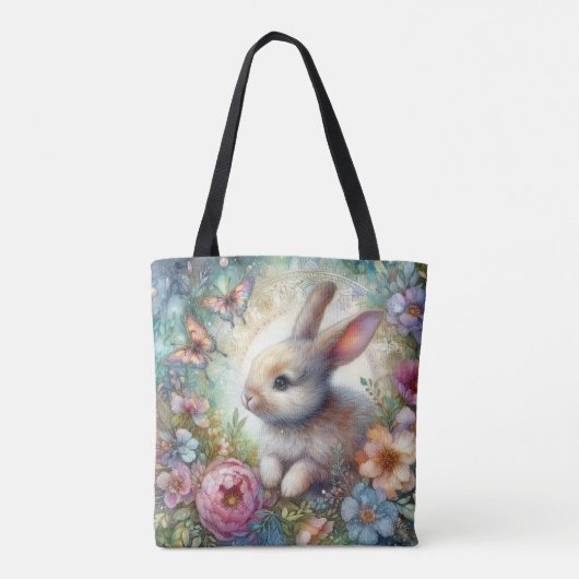 Pastel vlinders Schattige konijntje bloementuin Tote Bag (Achterkant)
