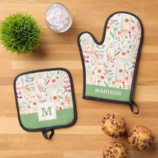 Pastel Vloertuinpatroon Ovenwant & Pannenlap Set (Top down)