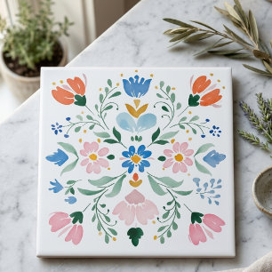 Pastel Volkskunst Bloemendecoratie Keramiek Tegeltje