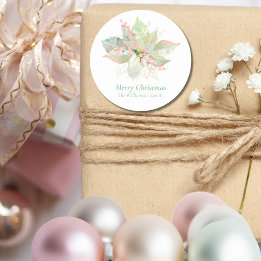 Pastel Vrolijk Kerstmis Roze Sage Poinsettia Goud Ronde Sticker