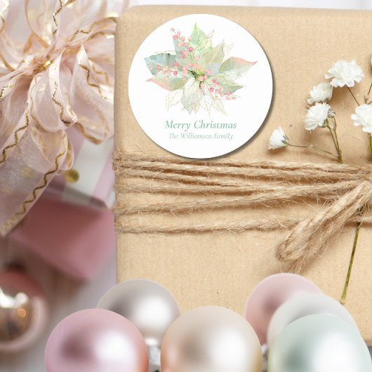 Pastel Vrolijk Kerstmis Roze Sage Poinsettia Goud Ronde Sticker