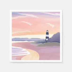 Pastel Vuurtoren Kust Strand Oever Waterverf Servet