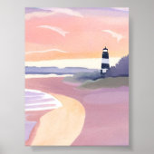 Pastel Vuurtoren | Kuststrand Oever Waterverf Poster (Voorkant)