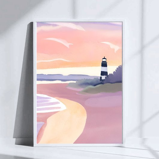 Pastel Vuurtoren | Kuststrand Oever Waterverf Poster