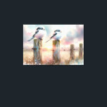 Pastel Watercolor Birds Fencepost Sunset Canvas Afdruk<br><div class="desc">Soft watercolor brushwork captures two fluffy songbirds resting on weathered fence posts as a glowing sunset spreads across a dreamy countryside sky. Gentle washes of peach, blush pink, pale blue, and warm gold blend into a tranquil horizon, creating a calm pastoral atmosphere. The birds appear round and feathery, their delicate...</div>