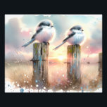 Pastel Watercolor Birds Fencepost Sunset Foto Afdruk<br><div class="desc">Soft watercolor brushwork captures two fluffy songbirds resting on weathered fence posts as a glowing sunset spreads across a dreamy countryside sky. Gentle washes of peach, blush pink, pale blue, and warm gold blend into a tranquil horizon, creating a calm pastoral atmosphere. The birds appear round and feathery, their delicate...</div>