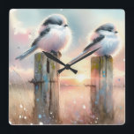 Pastel Watercolor Birds Fencepost Sunset Vierkante Klok<br><div class="desc">Soft watercolor brushwork captures two fluffy songbirds resting on weathered fence posts as a glowing sunset spreads across a dreamy countryside sky. Gentle washes of peach, blush pink, pale blue, and warm gold blend into a tranquil horizon, creating a calm pastoral atmosphere. The birds appear round and feathery, their delicate...</div>