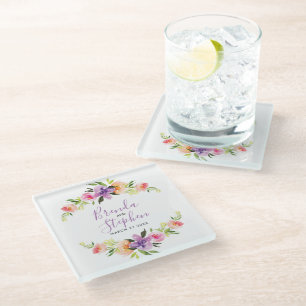Pastel Watercolor Bloemen Bruiloftskrans Glazen Onderzetter