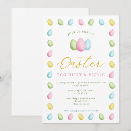 Pastel Watercolor Easter Eggs Easter Picnic Kaart (Voorkant / Achterkant)