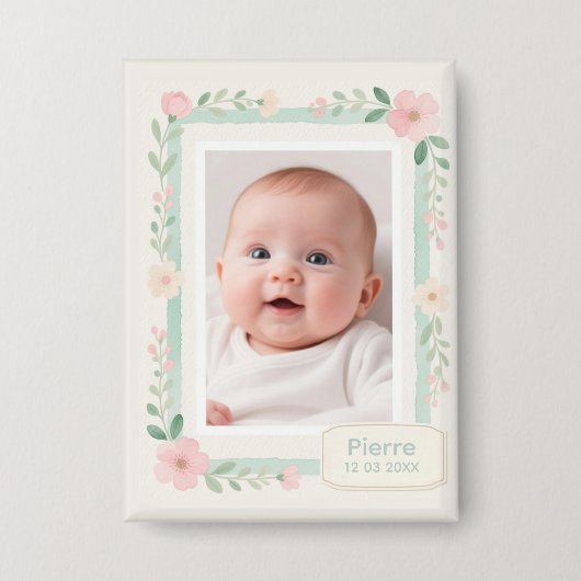 Pastel Watercolor Floral Empty Photo Frame Button (Voorkant)