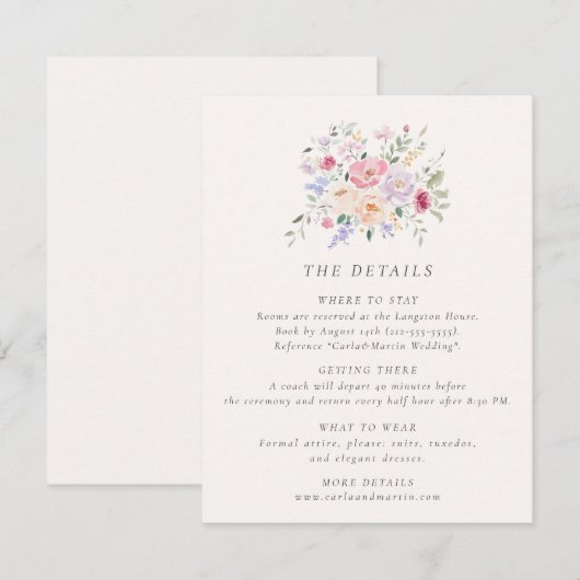 Pastel Watercolor Floral Wedding Details Card Kaart (Voorkant / Achterkant)