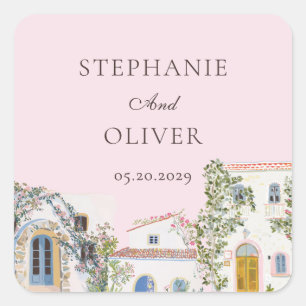 Pastel Watercolor Mediterraans Italiaans Huwelijk Vierkante Sticker