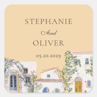 Pastel Watercolor Mediterranean Italian Wedding Vierkante Sticker