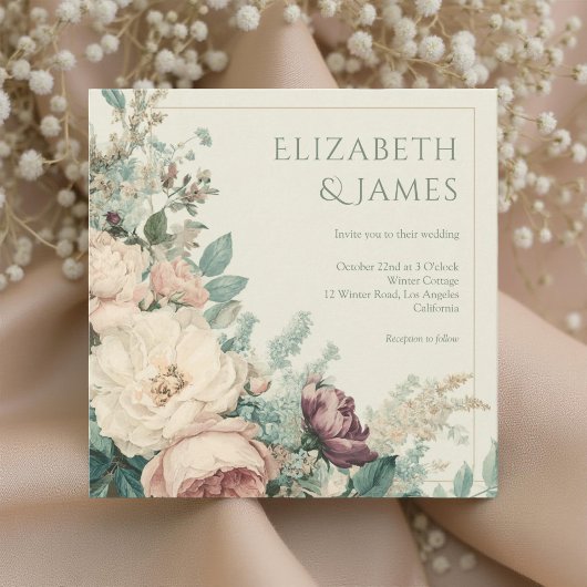 Pastel Watercolor Rose Peonies Floral Wedding Kaart