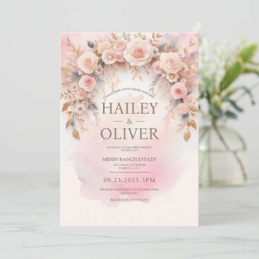 Pastel Watercolor Roze Trouw Uitnodiging (Staand voorkant)