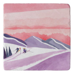 Pastel watercolor skiberg zonsondergang trivet