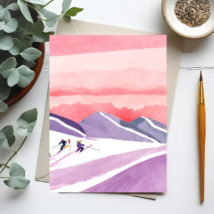 Pastel Watercolor Skiberget Zonsondergang Briefkaart