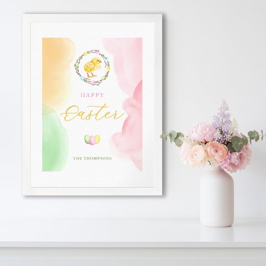 Pastel Watercolor Splashes And Chick Happy Easter Poster