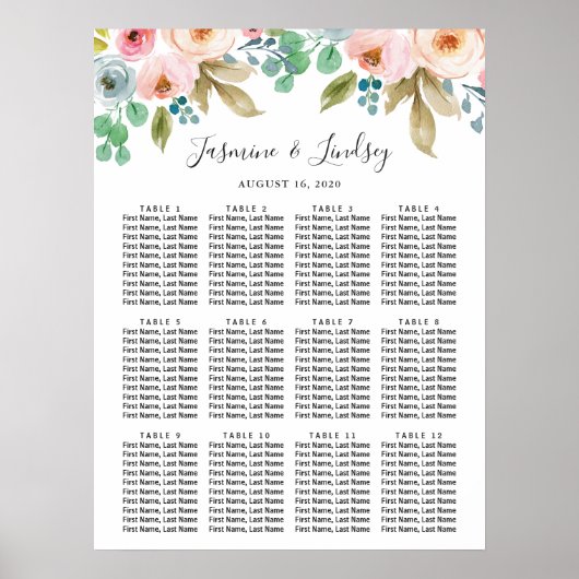 Pastel Watercolor Trouw Stoelindeling Poster (Voorkant)