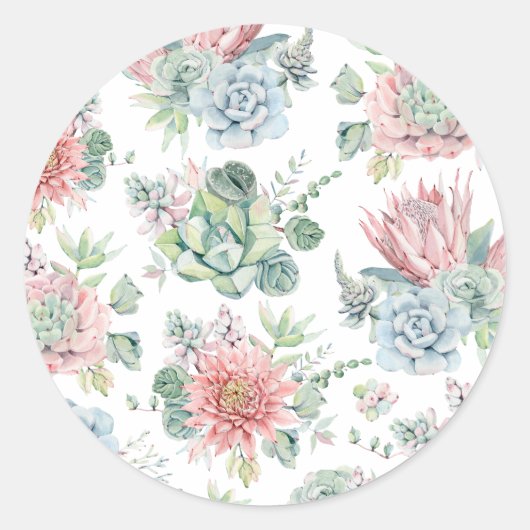 Pastel Watercolor Vetplant en Cactus Patroon Ronde Sticker (Voorkant)