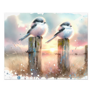 Pastel Watercolor Vogels Omheiningspaal Zonsonderg Foto Afdruk