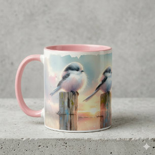 Pastel Watercolor Vogels Omheiningspaal Zonsonderg Mok