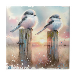 Pastel Watercolor Vogels Omheiningspaal Zonsonderg Tegeltje