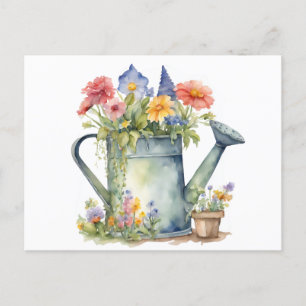 Pastel Watering Can met Tuin Bloemen Waterverf Briefkaart
