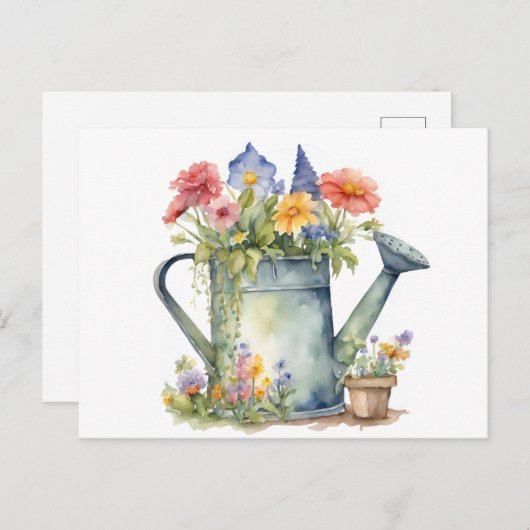 Pastel Watering Can met Tuin Bloemen Waterverf Briefkaart (Voorkant / Achterkant)