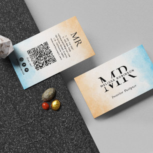 Pastel Waterverf Aangepaste QR-code en Monogram Visitekaartje