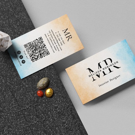 Pastel Waterverf Aangepaste QR-code en Monogram Visitekaartje