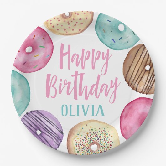 Pastel Waterverf Aangepaste verjaardag donut Papieren Bordje (Voorkant)
