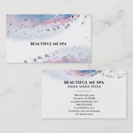 *~* Pastel Waterverf Abstract Zilver Glitter Blauw Visitekaartje (Voorkant / Achterkant)