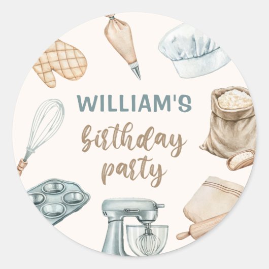 Pastel Waterverf Baking Boy Verjaardag Ronde Sticker (Voorkant)