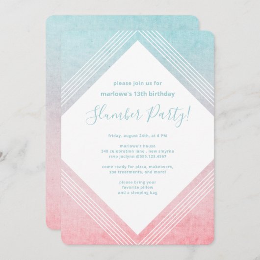 Pastel Waterverf Birthday Slumber Partij Aqua Kaart (Voorkant / Achterkant)