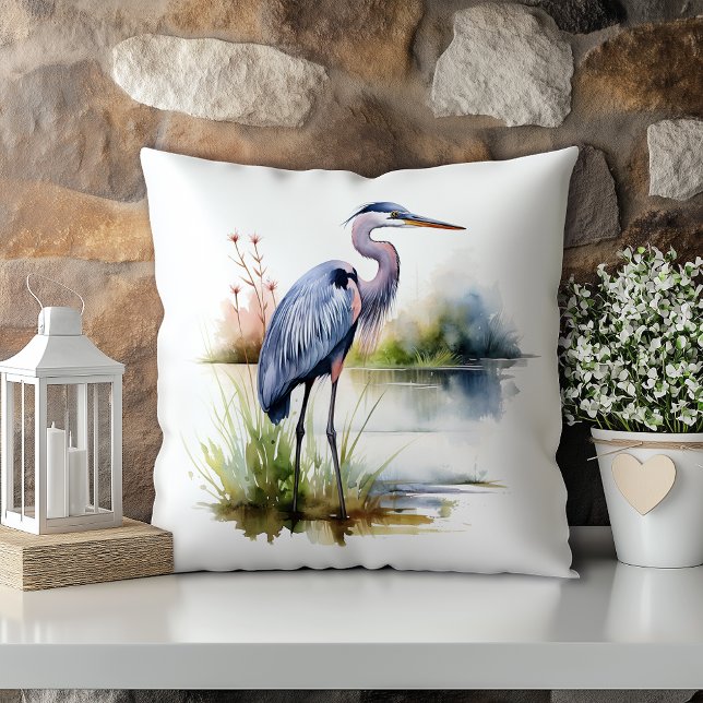 Pastel Waterverf Blauwe Reiger Louisiana Staat Kussen (Creator heeft geüpload)