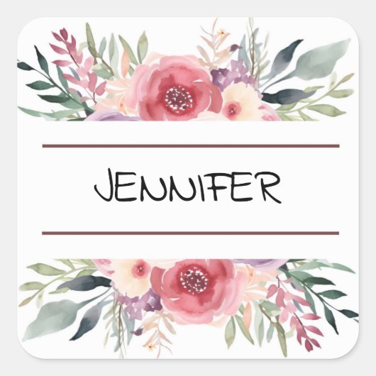 Pastel Waterverf Bloem Bloemen Rand Naam Vierkante Sticker (Voorkant)