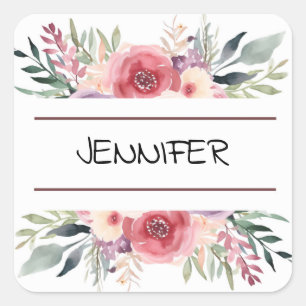 Pastel Waterverf Bloem Bloemen Rand Naam Vierkante Sticker