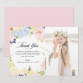 Pastel Waterverf Bloem Kader Eerste Communie Bedankkaart (Voorkant / Achterkant)